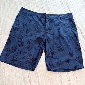 Y2K Trunks Palm Tree Chino Shorts Men's 38 Navy Blue Tropical All Over Print